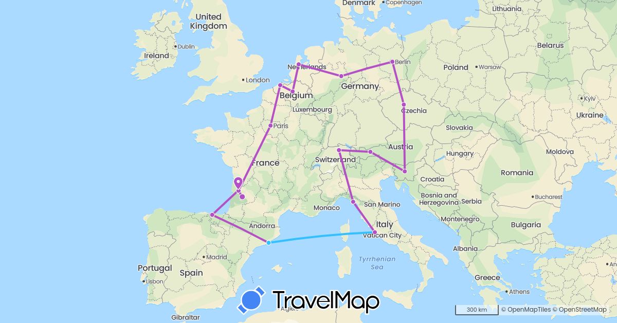 TravelMap itinerary: driving, train, boat in Austria, Belgium, Switzerland, Czech Republic, Germany, Spain, France, Italy, Netherlands, Slovenia (Europe)